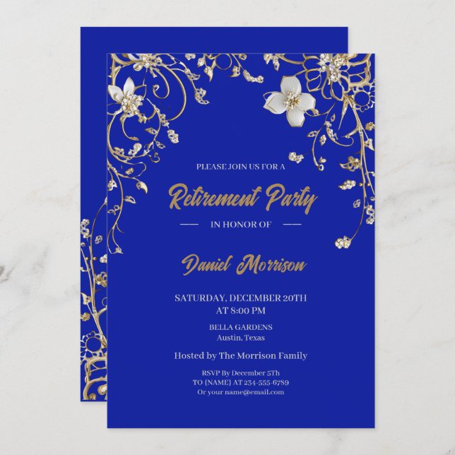 Invitación Jubilación de marco floral dorado Blue Elegant 202 (Anverso / Reverso)