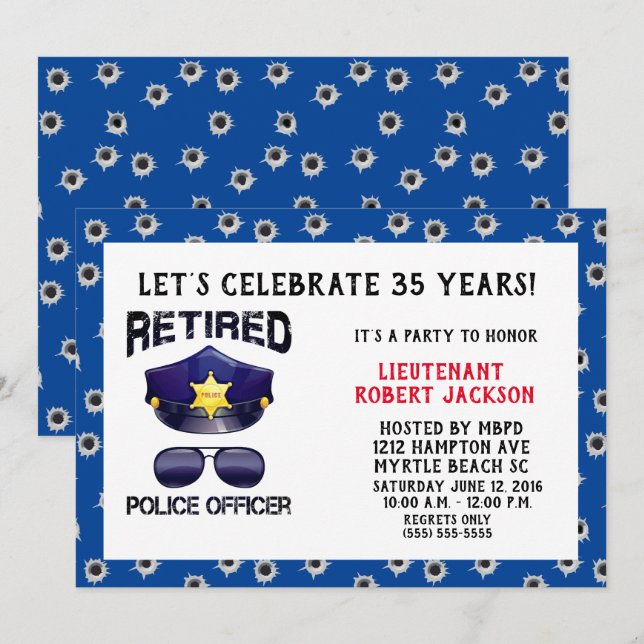 Invitación Jubilación de Oficial de Policía de Bullet Hole Gr (Anverso / Reverso)