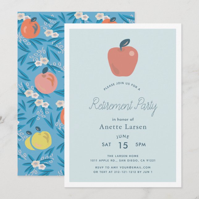 Invitación Jubilación de profesor azul de Apple Floral (Anverso / Reverso)