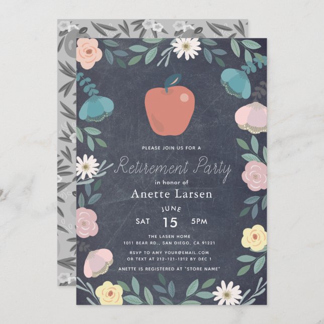 Invitación Jubilación de profesor de pizarra de Apple Floral (Anverso / Reverso)