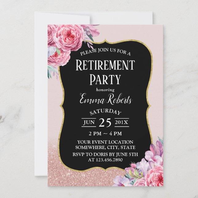 Invitación Jubilación de Purpurina de oro de Rosa floral vint (Anverso)