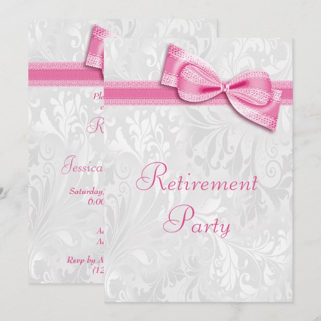 Invitación Jubilación de Rosa Damask y Lazo Falso (Anverso / Reverso)