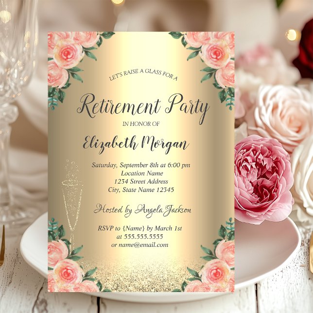 Invitación Jubilación de Rosas de Bokeh Purpurina de Oro de V (Subido por el creador)