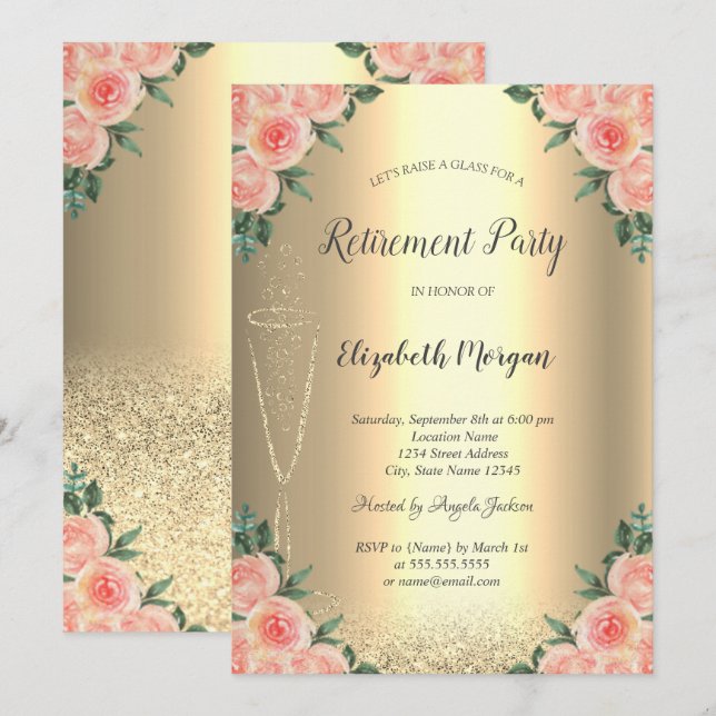 Invitación Jubilación de Rosas de Bokeh Purpurina de Oro de V (Anverso / Reverso)