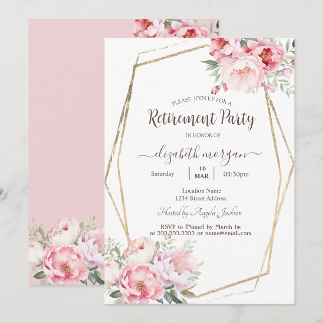Invitación Jubilación de tramas de oro de Rosas de Rubor (Anverso / Reverso)