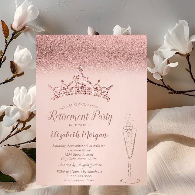 Invitación Jubilación de Vidrio Tiara Purpurina de Oro Rosa (Subido por el creador)