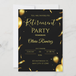 Invitación Jubilación elegante en negro y dorado