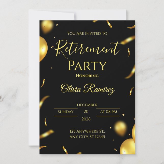Invitación Jubilación elegante en negro y dorado (Anverso)