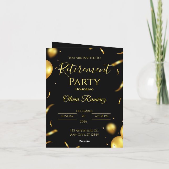 Invitación Jubilación elegante en negro y dorado (Reverso)
