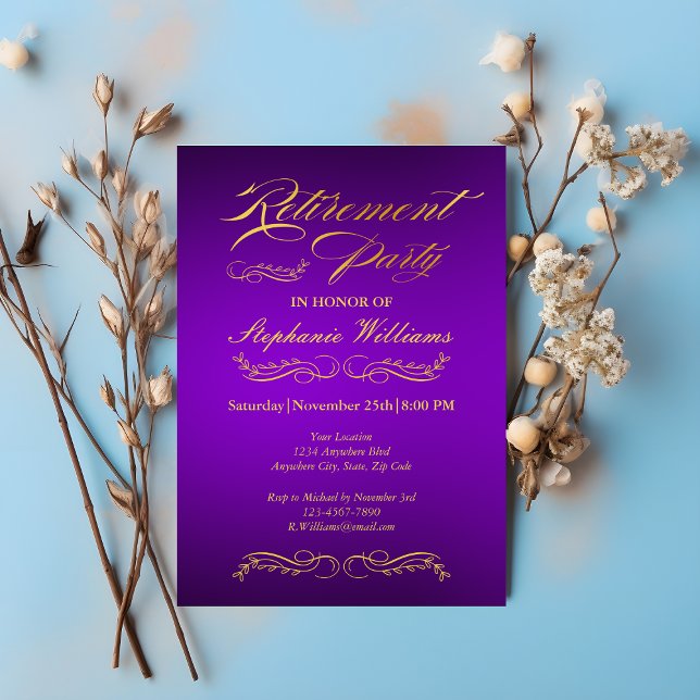 Invitación Jubilación Elegante Femenina Púrpura y Oro (Subido por el creador)