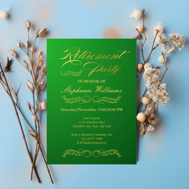 Invitación Jubilación Elegante Mujer Verde y Oro (Subido por el creador)