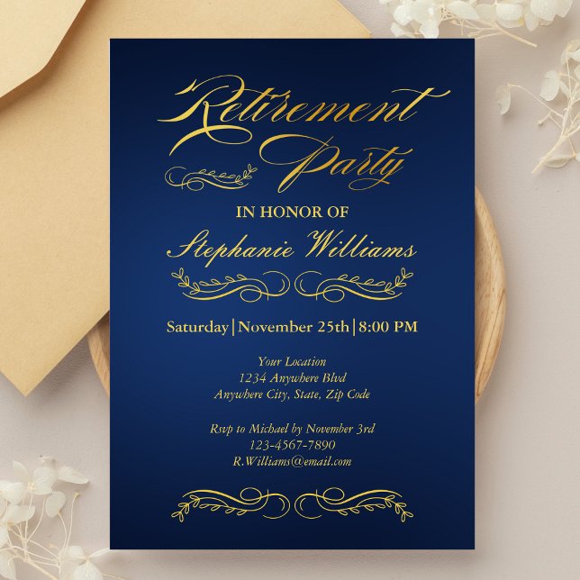 Invitación Jubilación Elegante Mujeres Azul y Oro (Subido por el creador)