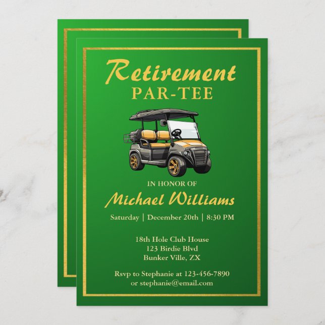 Invitación Jubilación Elegante Tema Golf Carro Oro Verde (Anverso / Reverso)