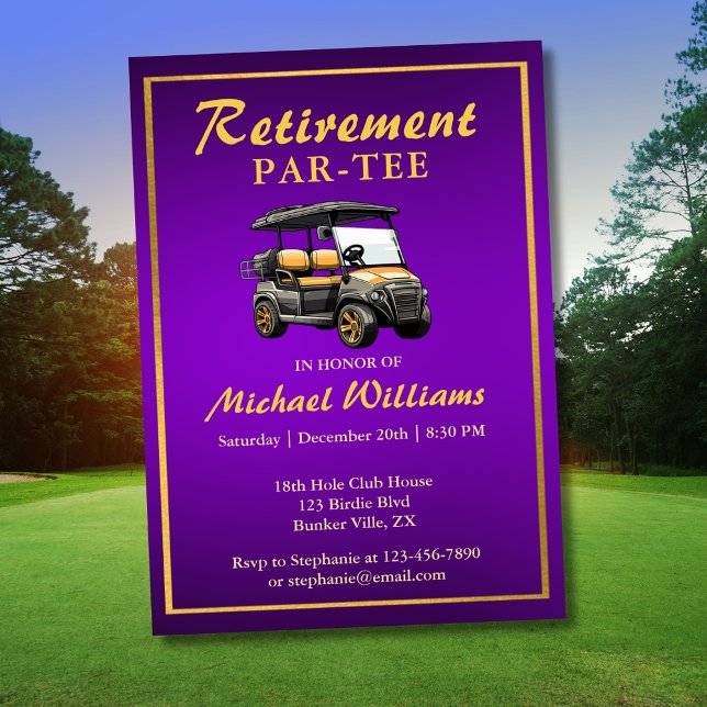 Invitación Jubilación Elegante Tema Golf Cart Purple Gold (Subido por el creador)