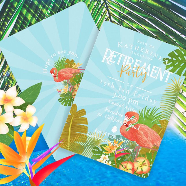 Invitación Jubilación Flamingo Tropical Azul  (Flamingo Tropical Retirement Party Invitation Card.)