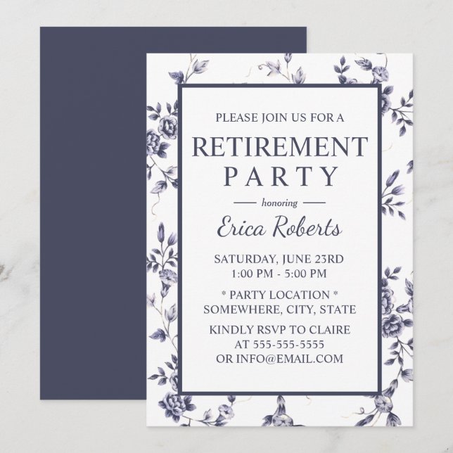 Invitación Jubilación floral blanca y azul de porcelana de vi (Anverso / Reverso)