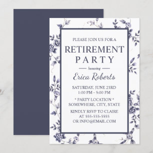 Invitación Jubilación floral blanca y azul de porcelana de vi