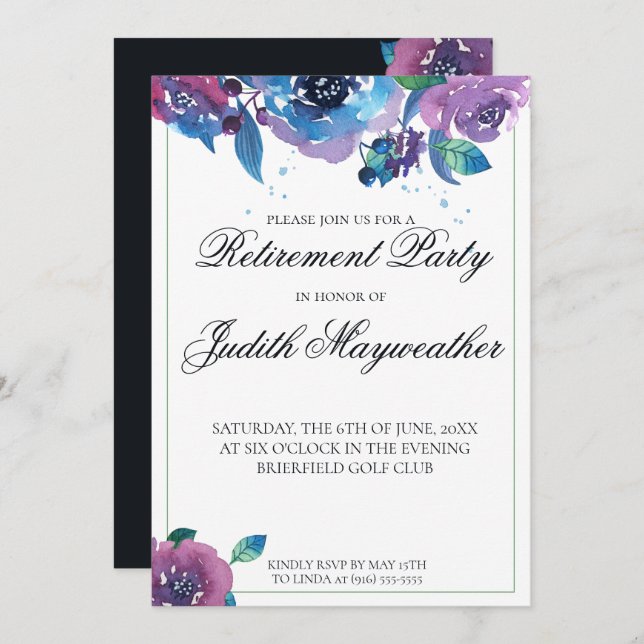 Invitación Jubilación floral profunda azul morado (Anverso / Reverso)