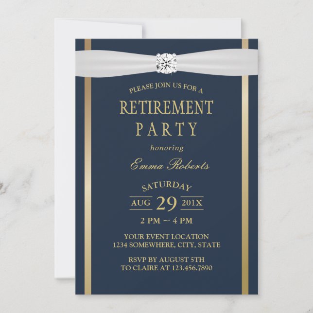 Invitación Jubilación Ivory Ribbon Elegante Marina Azul & Oro (Anverso)