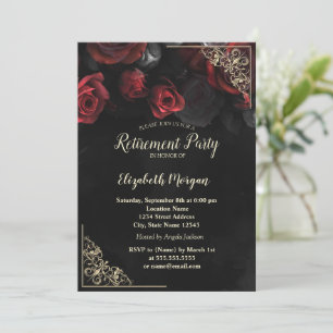 Invitación Jubilación Marco Floral Rosas Rojas Doradas Chic