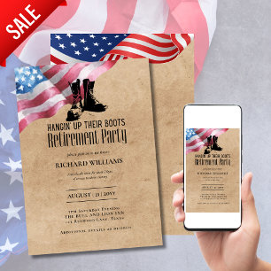 Invitación JUBILACIÓN MILITAR Colgando Boots US Flag