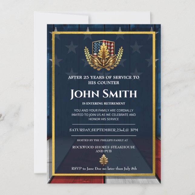 Invitación Jubilación militar de roble de oro de la bandera d (Anverso)