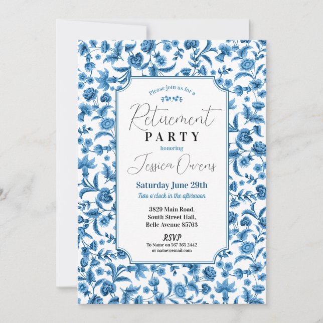 Invitación Jubilación Mujeres Chintz Ditsy Floral Azul y Blan (Anverso)