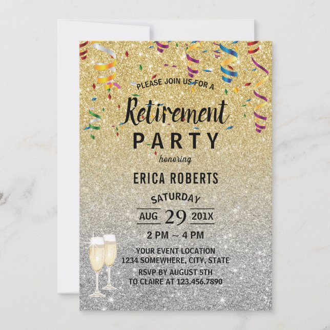 Invitación Jubilación Purpurina de oro y plata moderno (Anverso)