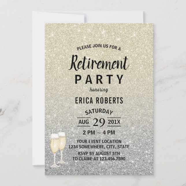 Invitación Jubilación Purpurina moderno de marfil y plata (Anverso)