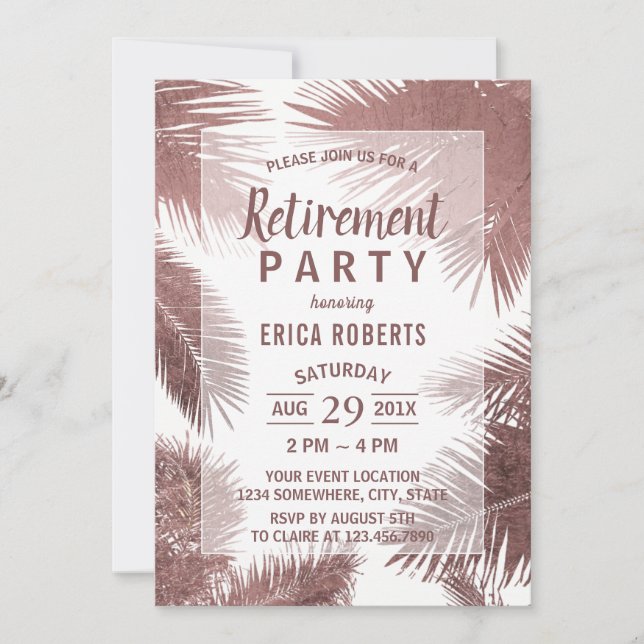 Invitación Jubilación Tropical Moderno Rosa Gold Palm Beach (Anverso)