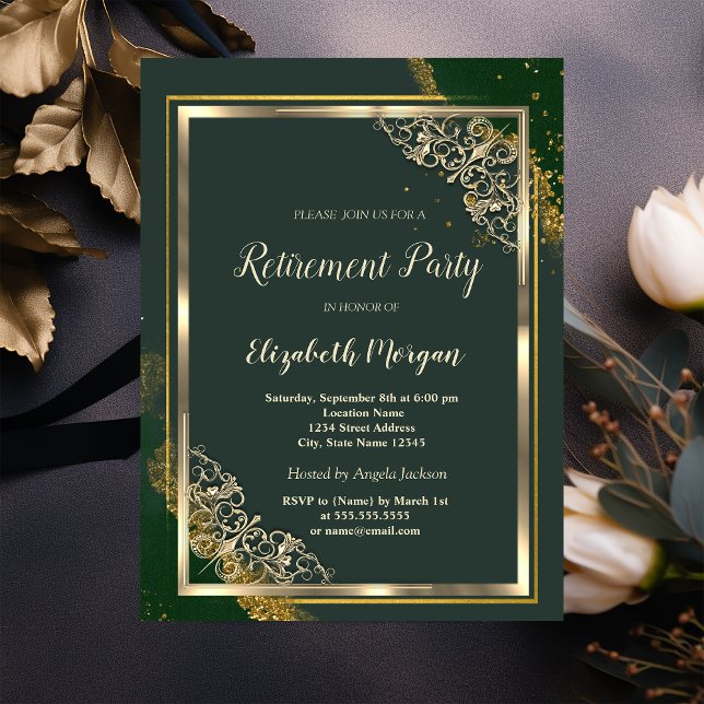 Invitación Jubilación verde del marco dorado festivo (Subido por el creador)