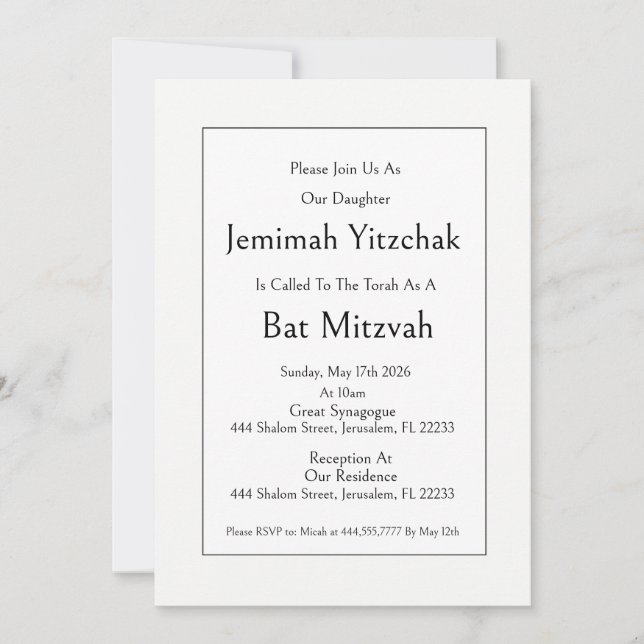 Invitación judía Bat Mitzvah, modernidad minimalis (Anverso)
