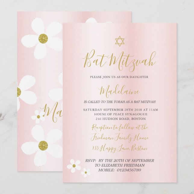 Invitación Judío Bat Mitzvah Daisy Chicas rosados Hebreo (Anverso / Reverso)