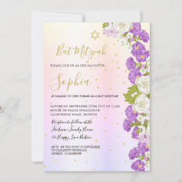 Invitación Judío Bat Mitzvah Morple Floral Gold Hebreo