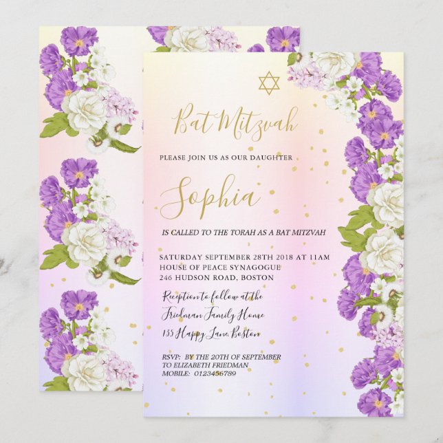 Invitación Judío Bat Mitzvah Morple Floral Gold Hebreo (Anverso / Reverso)