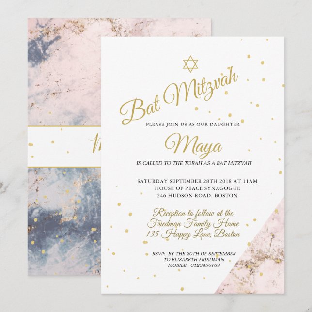 Invitación Judío Bat Mitzvah Oro Blanco Rosa Hebreo (Anverso / Reverso)
