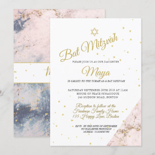 Invitación Judío Bat Mitzvah Oro Blanco Rosa Hebreo