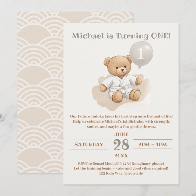 Invitación "Judo Bear’s First Belt" – 1st Birthday White Belt (Anverso / Reverso)