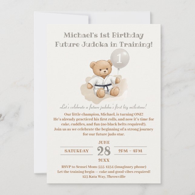 Invitación "Judo Bear Turns One" – 1st Birthday  (Anverso)
