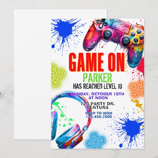 Invitación Juego activado, Fiesta de videojuegos, Cumpleaños  (Anverso / Reverso)
