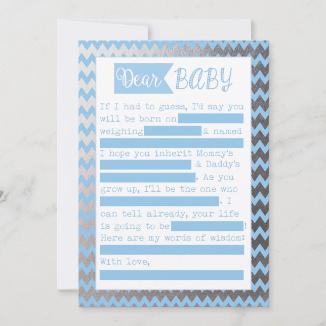 Invitación Juego Baby Shower MadLibs, aspecto de Relieve meta (Anverso)