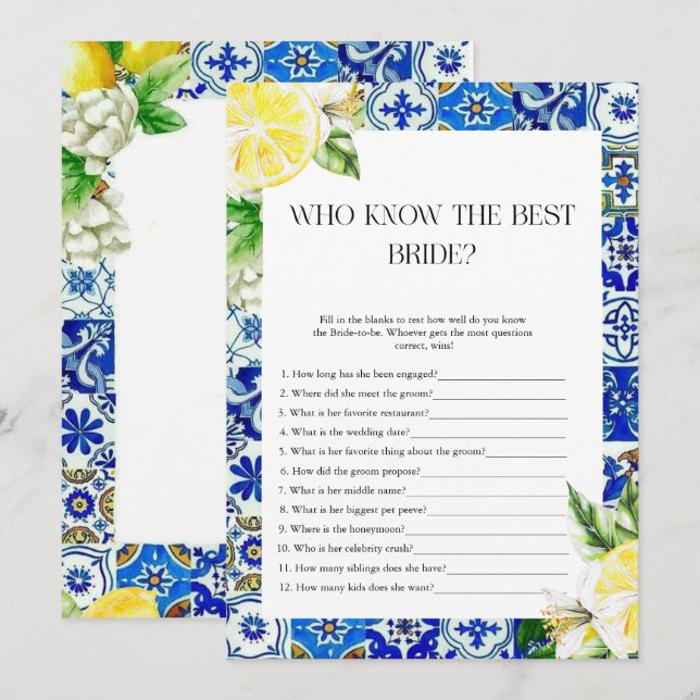 Invitación juego Blue Tile Lemon Bridal Showerer (Anverso / Reverso)