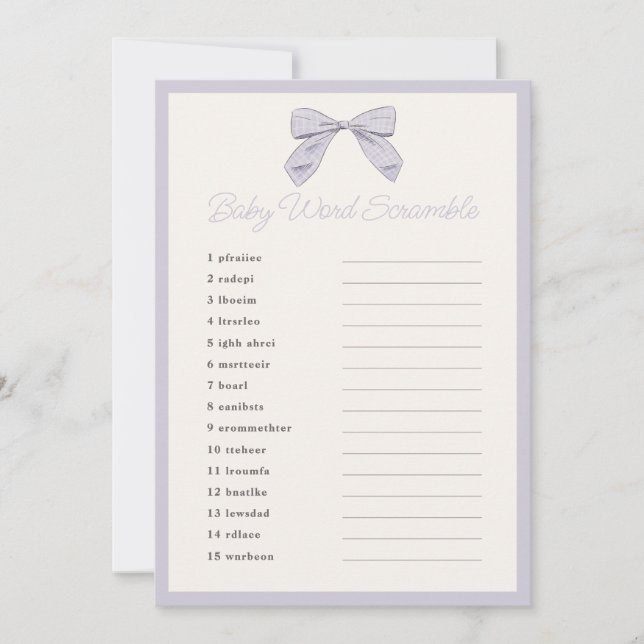Invitación Juego clásico de Baby Shower Word Scramble Bow Pur (Anverso)