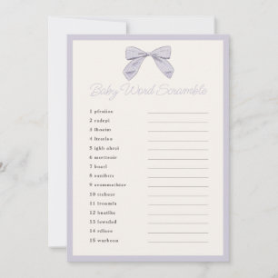 Invitación Juego clásico de Baby Shower Word Scramble Bow Pur