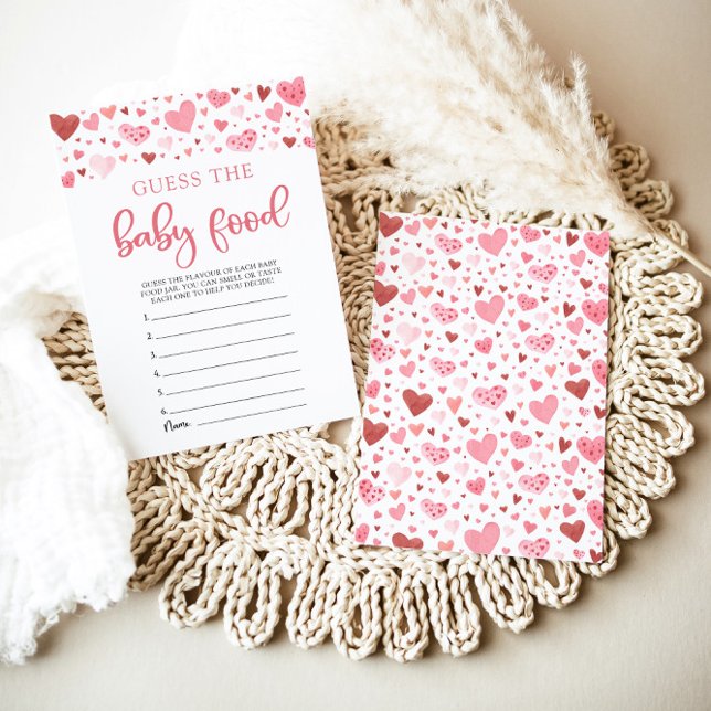 Invitación Juego de adivinanza de comida para bebés con coraz (Watercolor Cute Pink Red Hearts Valentine Sweetheart Baby Girl Guess the Baby Food Baby Shower Game)