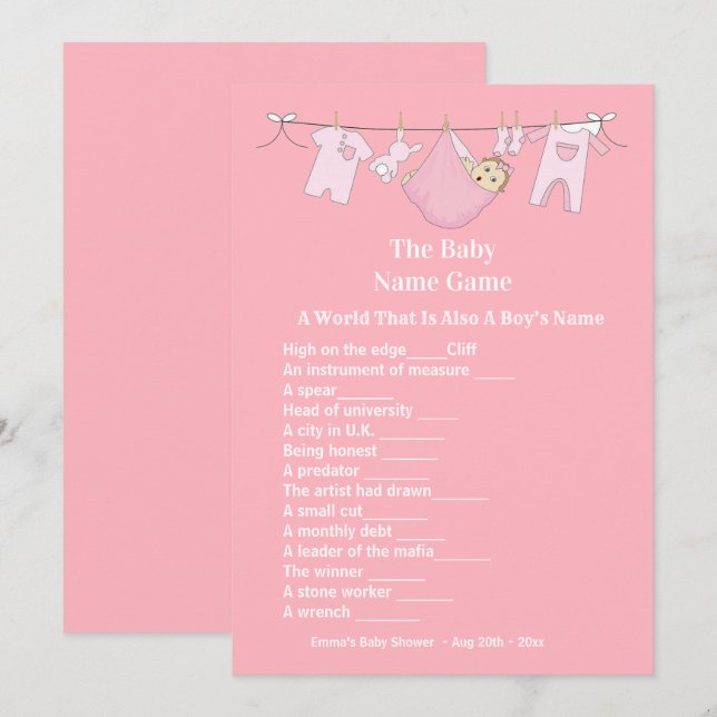 Invitación Juego de adivinanzas de Baby Shower para Chica ros (Anverso / Reverso)