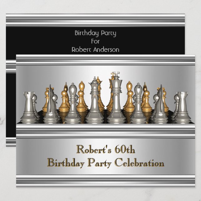 Invitación Juego de ajedrez de metal para cumpleaños 60 de ho (Anverso / Reverso)