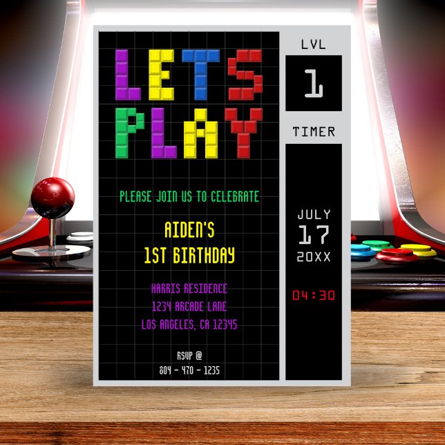 Invitación Juego de Arcade Retro Niños Primer Fiesta de Cumpl (Retro Arcade Game Kids 1st Birthday Party Invitation
)