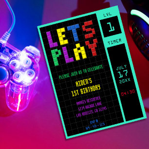 Invitación Juego de Arcade Retro Niños Primer Fiesta de Cumpl