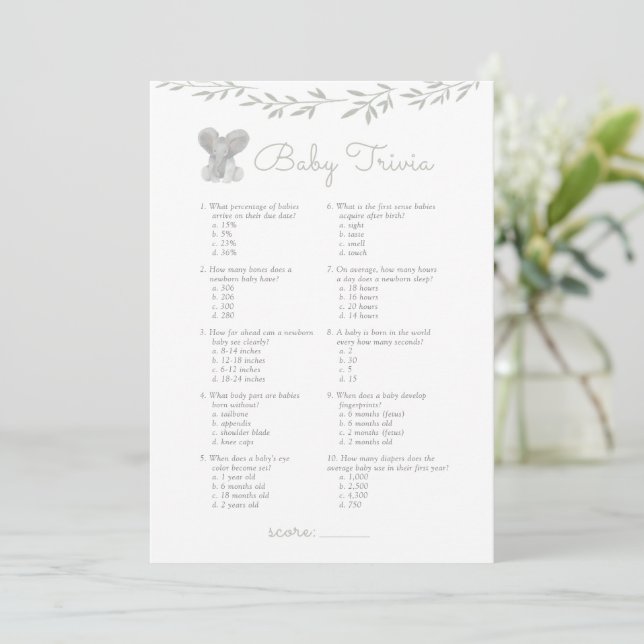 Invitación Juego de Baby Shower Baby Trivia Elephant (Anverso de pie)